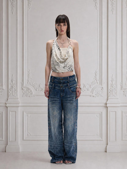FayChui Washed Diamond Rhinestone Double Waist Women&