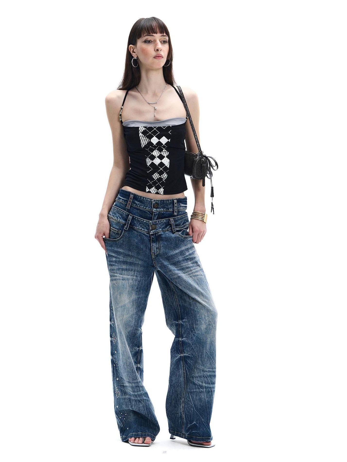 FayChui Washed Diamond Rhinestone Double Waist Women&