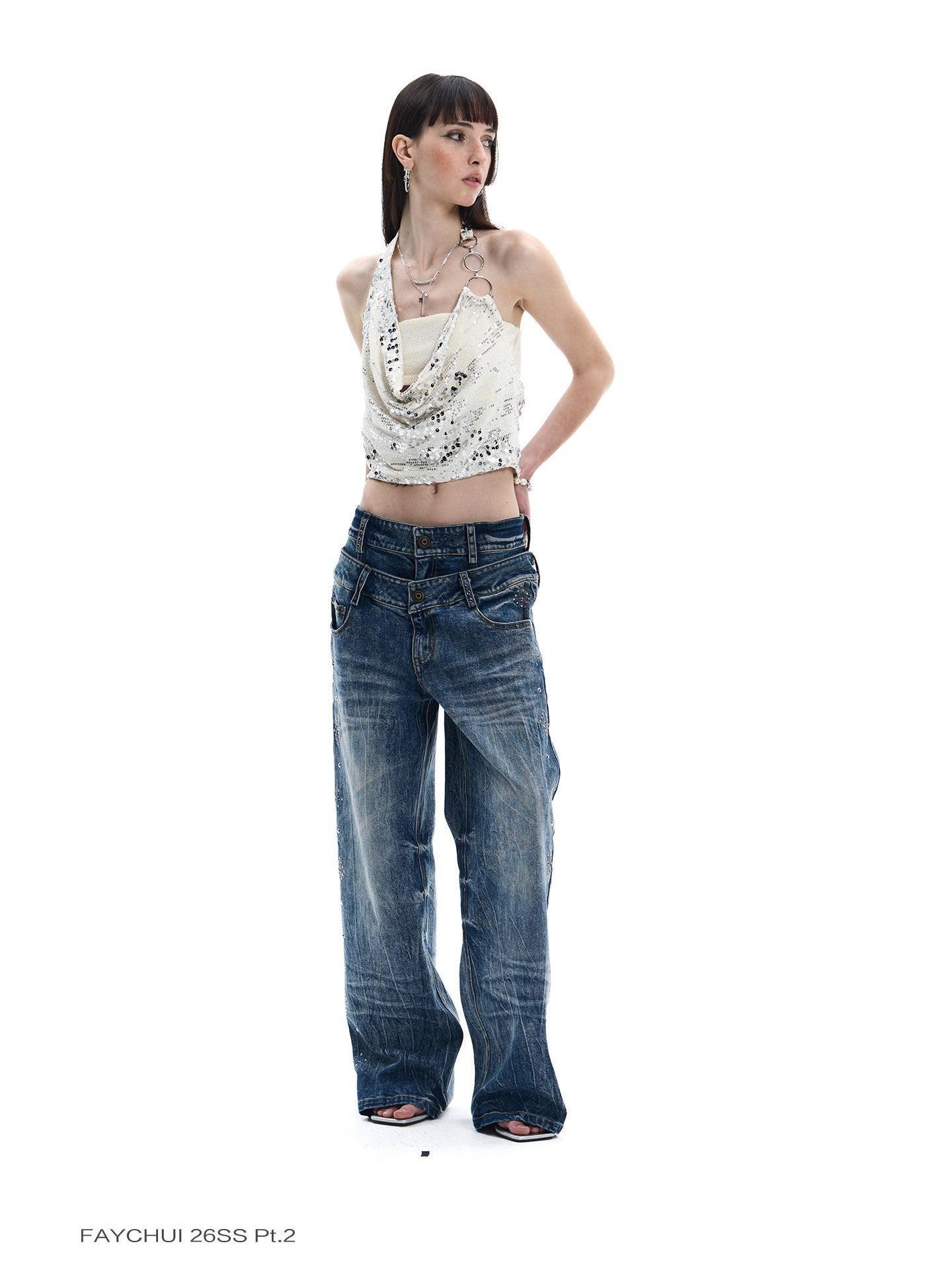 FayChui Washed Diamond Rhinestone Double Waist Women&