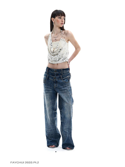 FayChui Washed Diamond Rhinestone Double Waist Women&