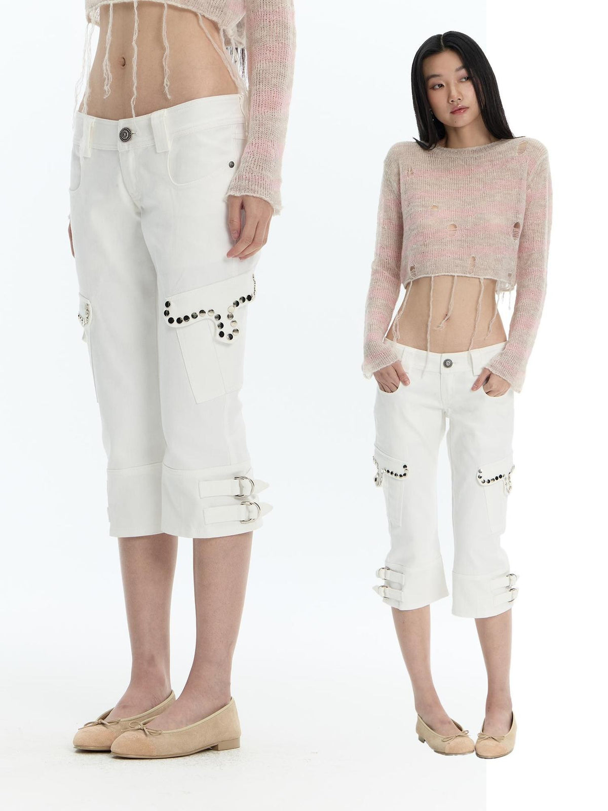 FayChui Washed Studded Cargo Pocket Flare Women&