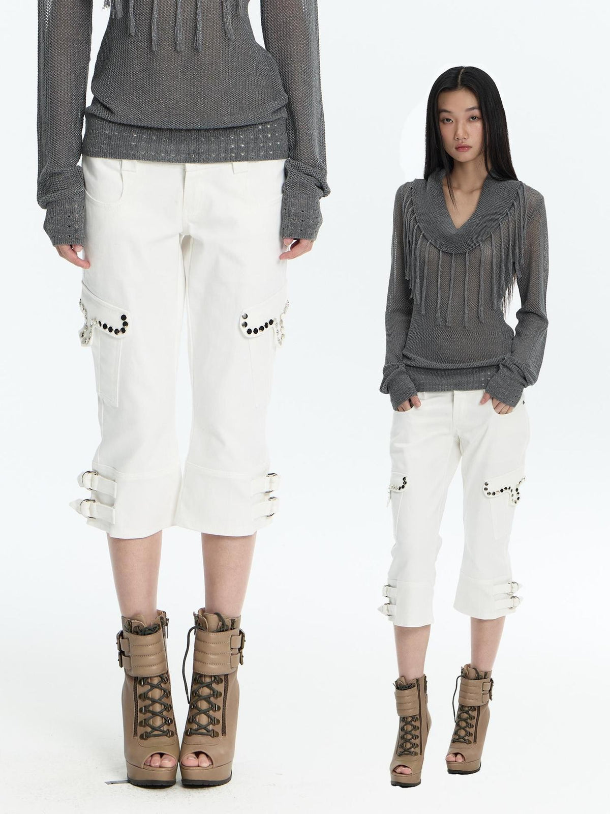 FayChui Washed Studded Cargo Pocket Flare Women&
