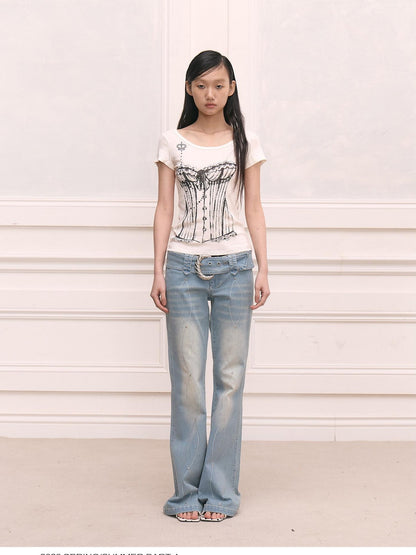 FayChui Washed Vintage Rhinestone Waist Embroidered Women&