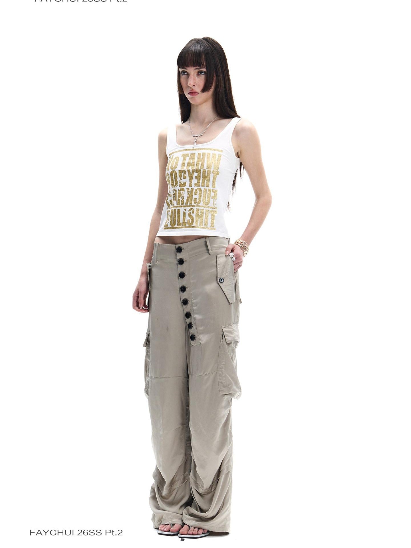 FayChui White Gold Letter Glitter Print Cropped U Neck Women&