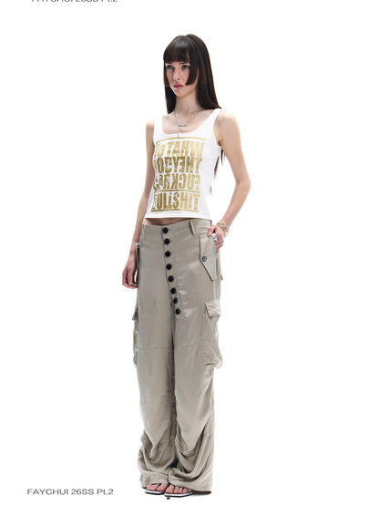 FayChui White Gold Letter Glitter Print Cropped U Neck Women&