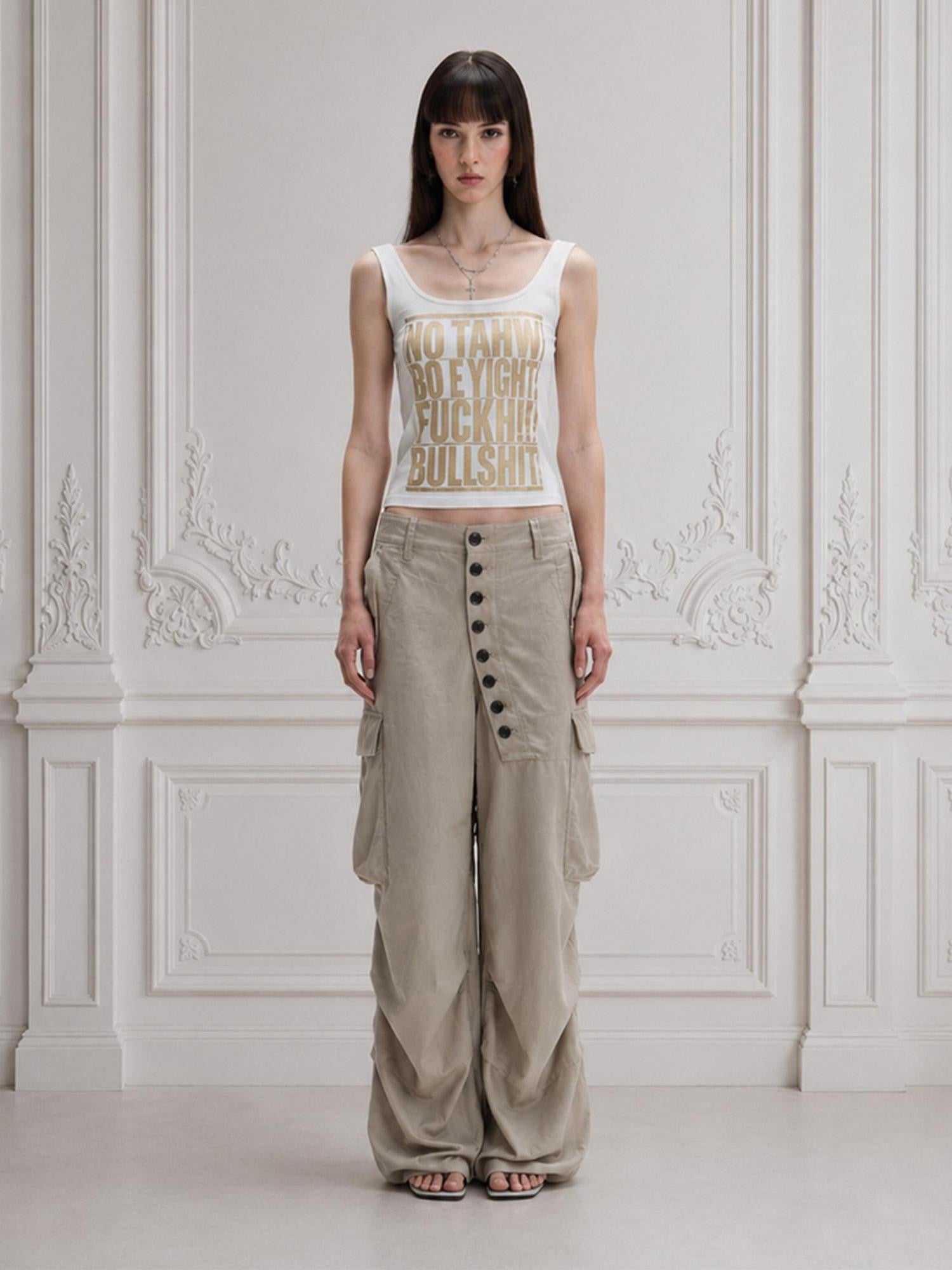 FayChui White Gold Letter Glitter Print Cropped U Neck Women&