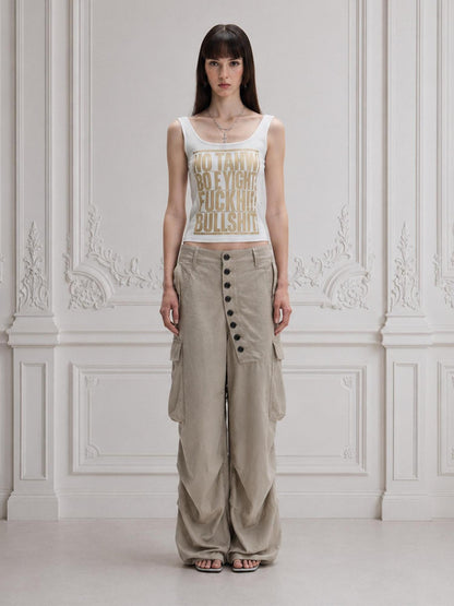 FayChui White Gold Letter Glitter Print Cropped U Neck Women&