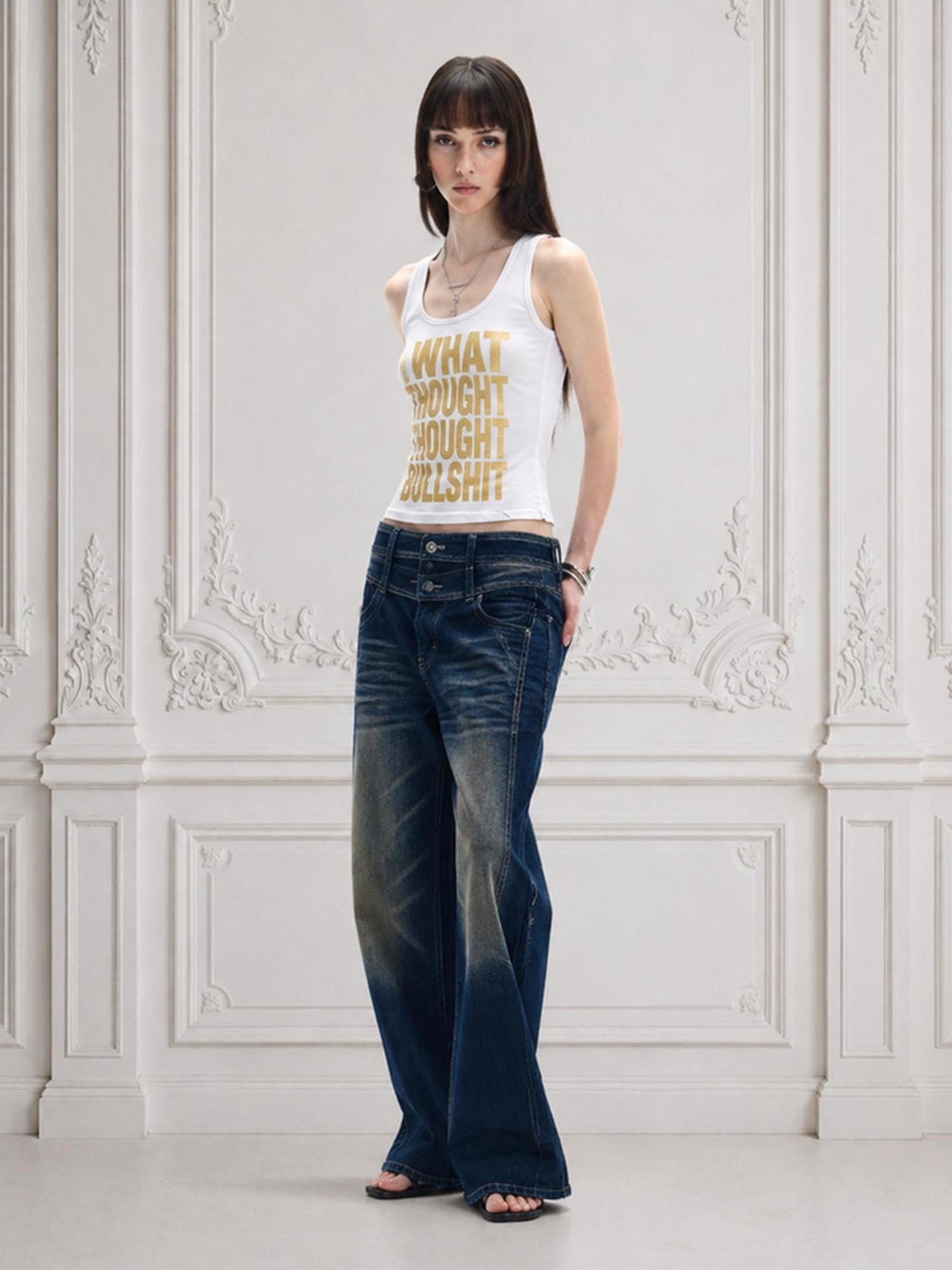 FayChui White Gold Letter Glitter Print Cropped U Neck Women&