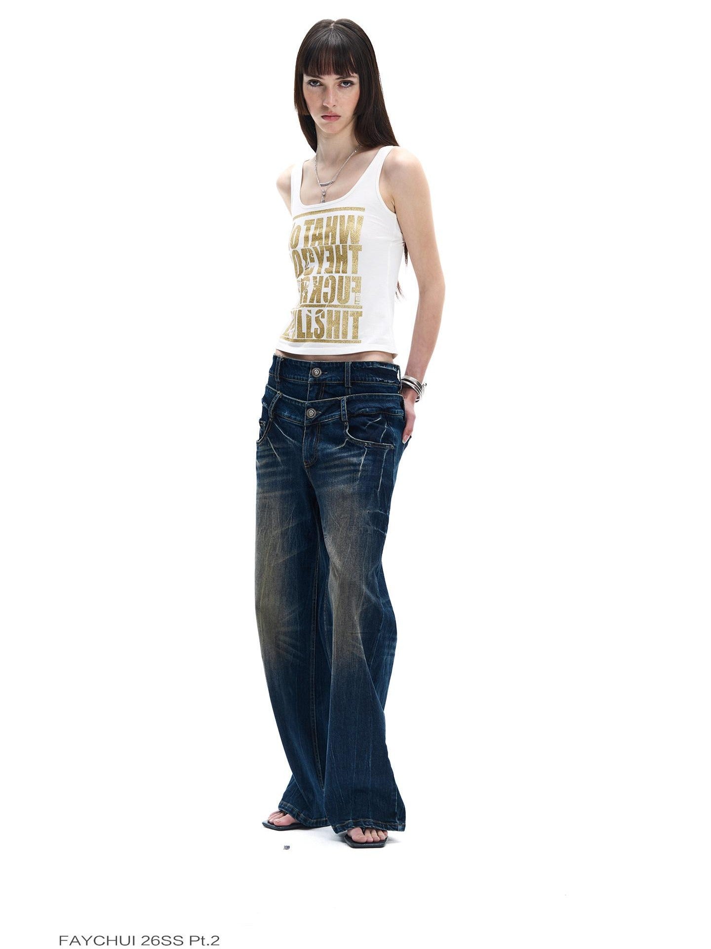 FayChui White Gold Letter Glitter Print Cropped U Neck Women&