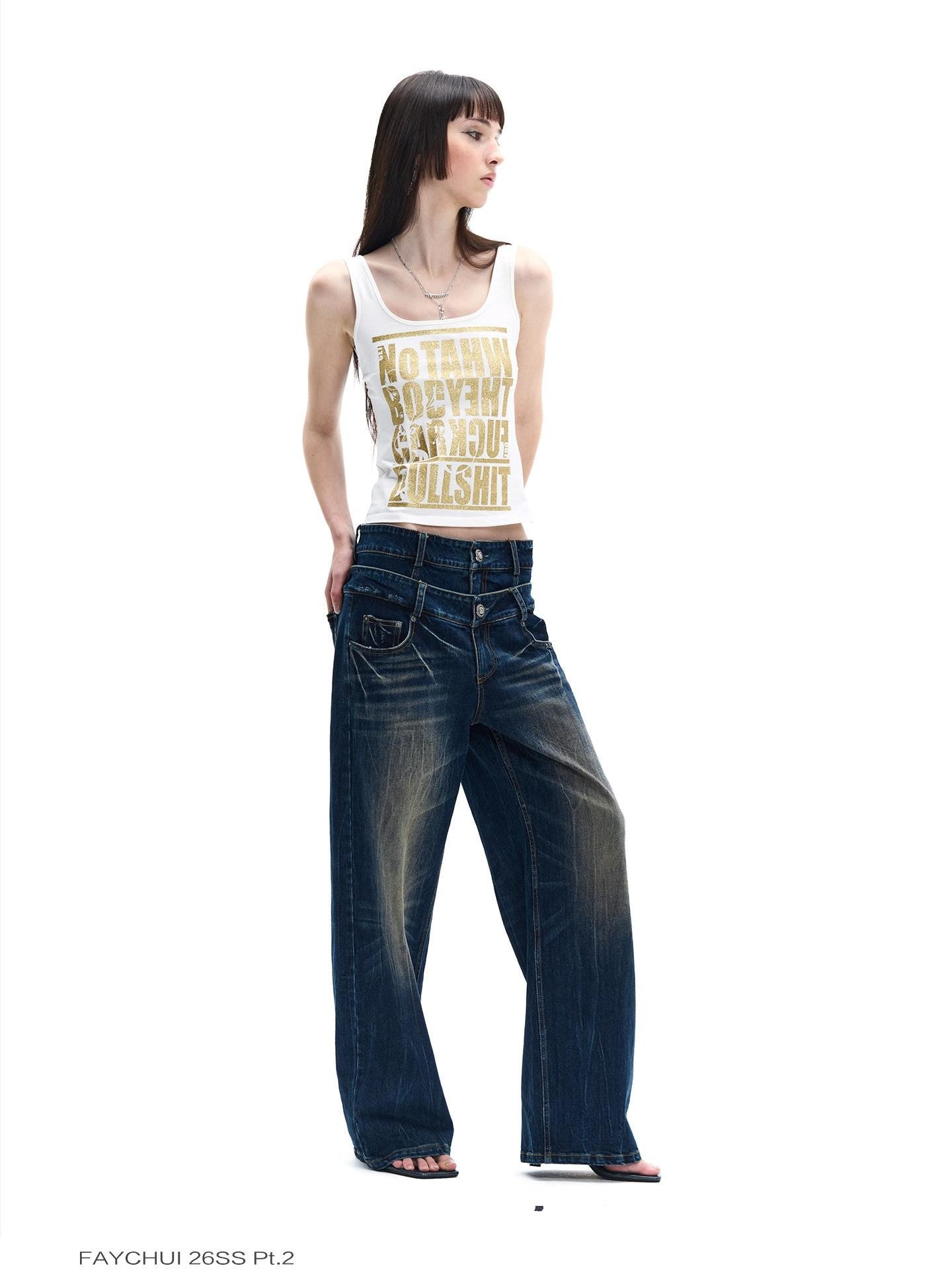 FayChui White Gold Letter Glitter Print Cropped U Neck Women&