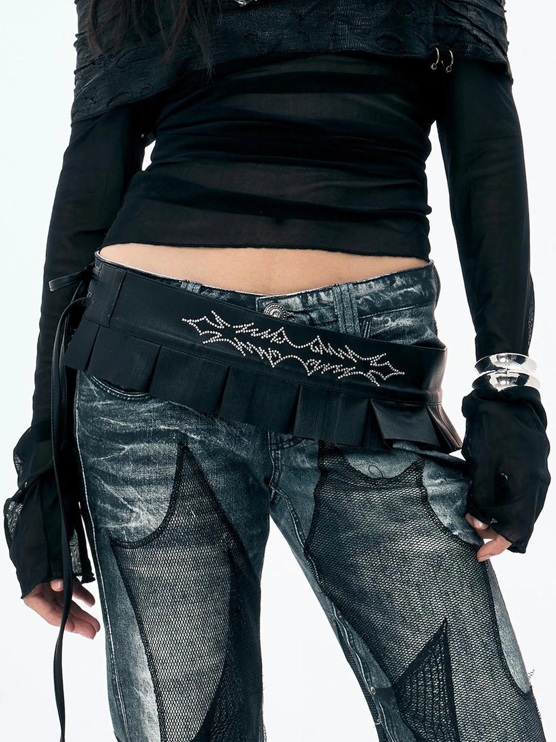 FayChui  Y2K Crystal Studded Wide Belt With Pleated Detail