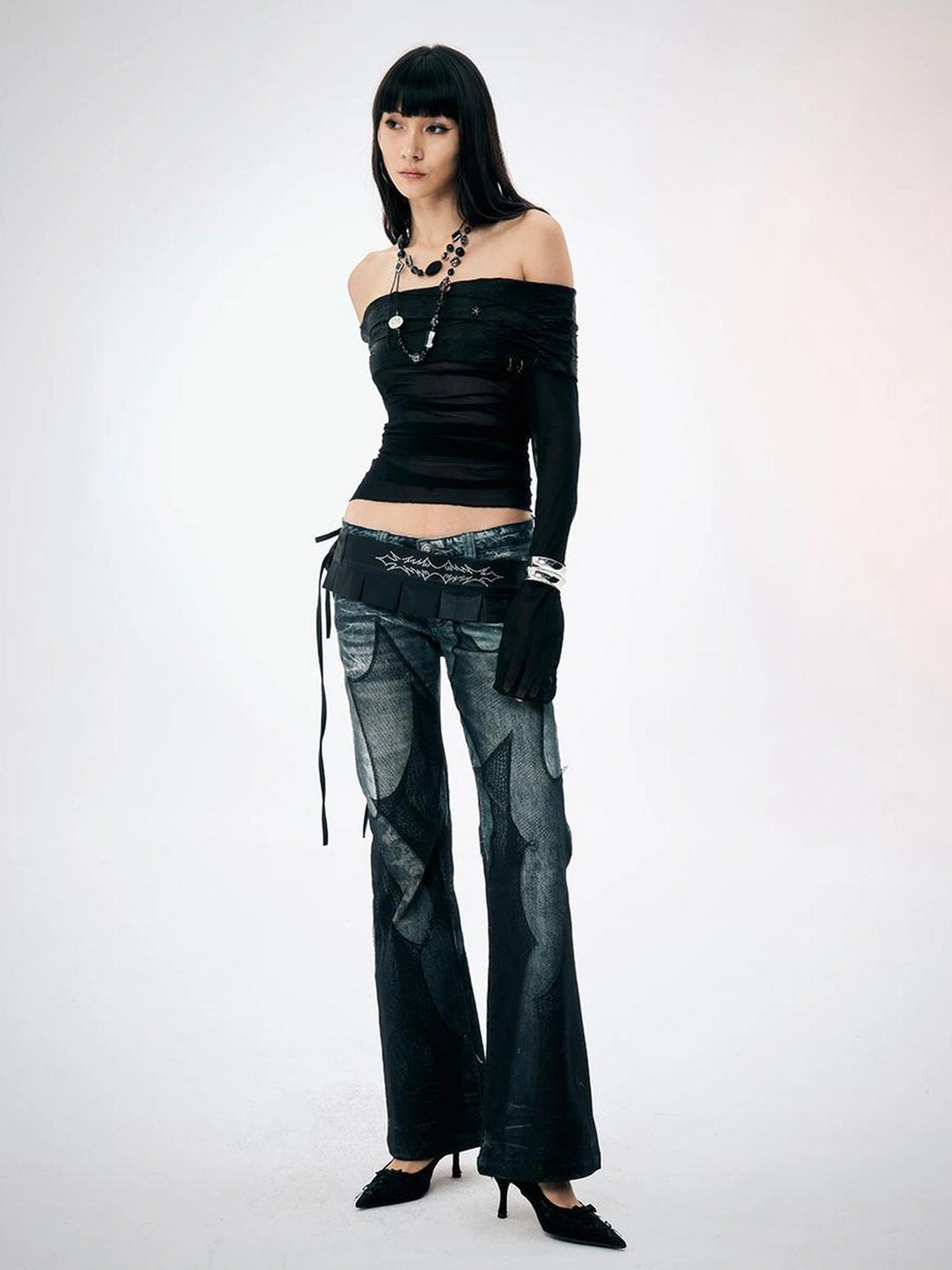 FayChui  Y2K Crystal Studded Wide Belt With Pleated Detail