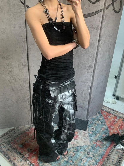 FayChui  Y2K Crystal Studded Wide Belt With Pleated Detail