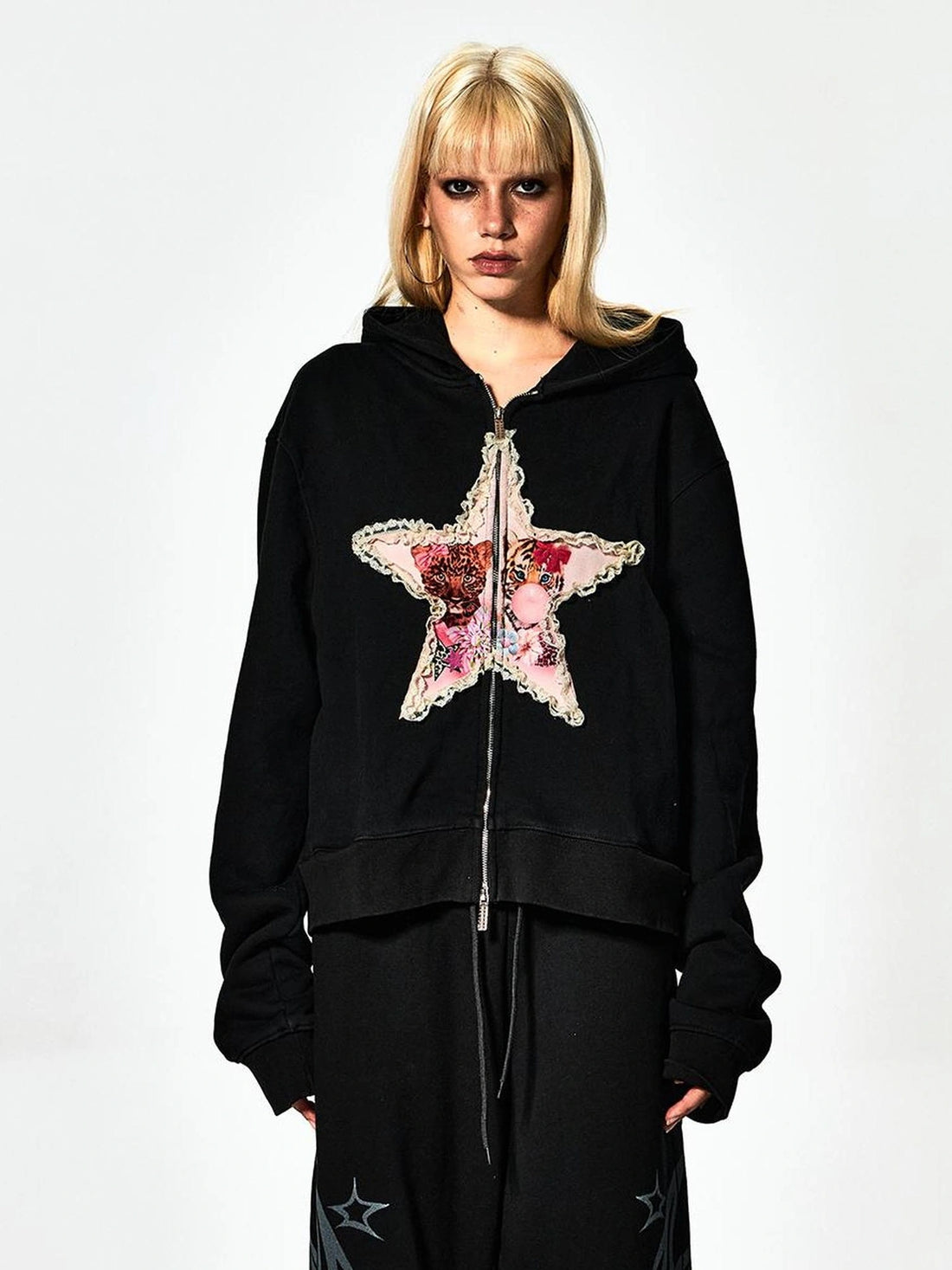 FayChui  Y2K Star Embroidered Zip Hoodie