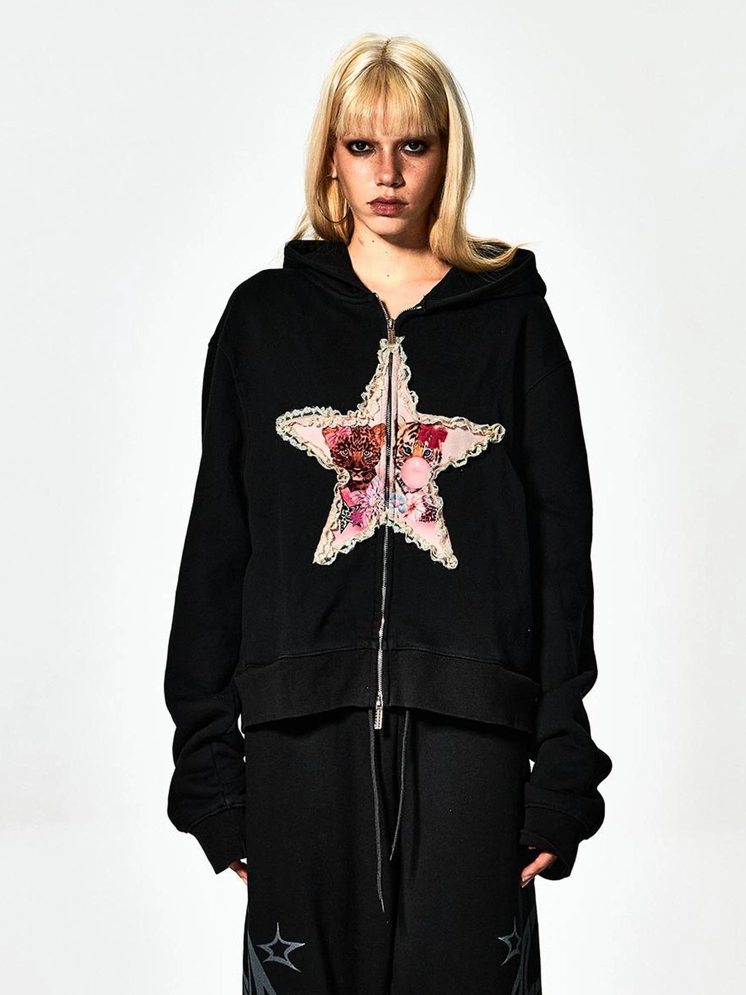 FayChui  Y2K Star Embroidered Zip Hoodie