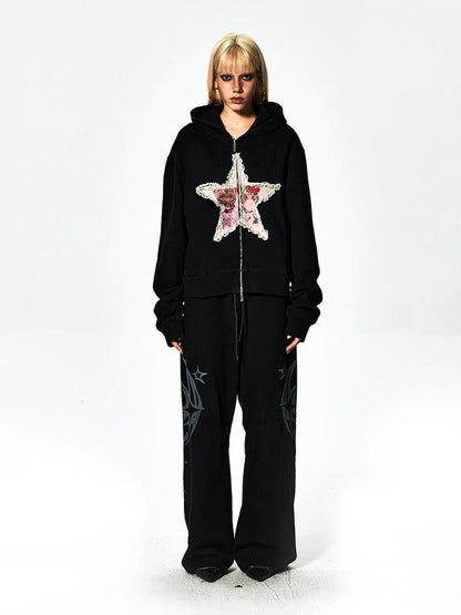 FayChui  Y2K Star Embroidered Zip Hoodie