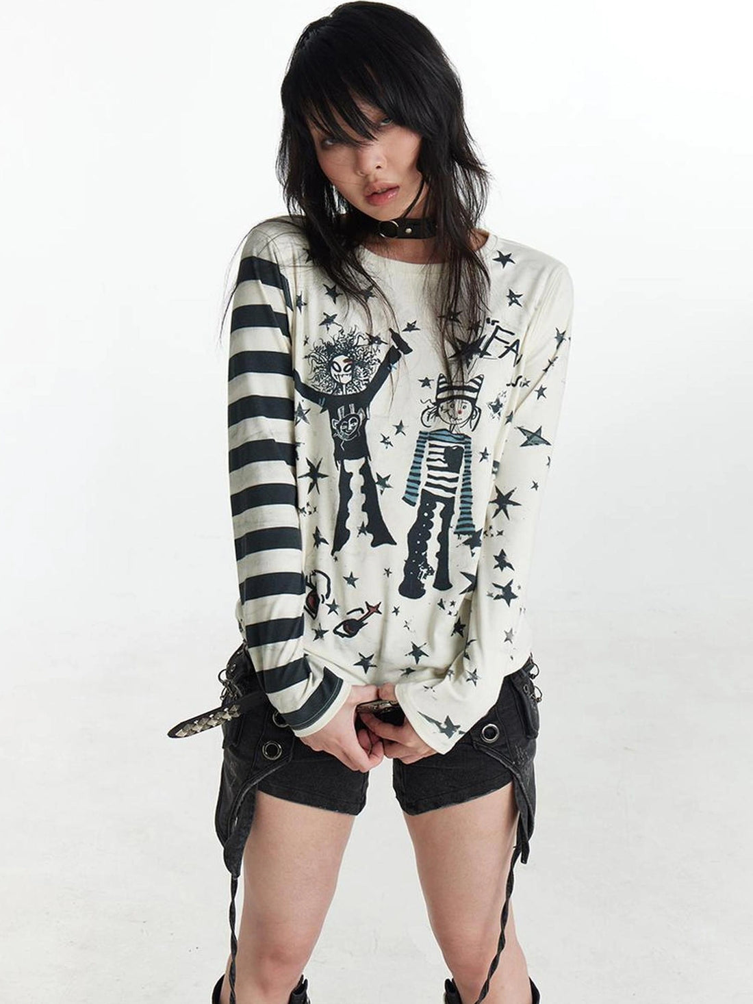 FayChui  Y2 K Star Punk Print Stripe Spliced Long Sleeve Tee
