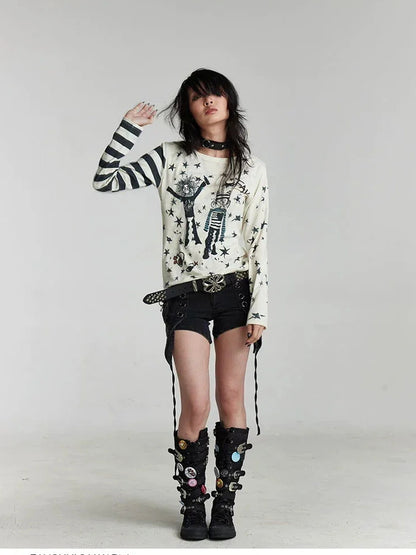 FayChui  Y2 K Star Punk Print Stripe Spliced Long Sleeve Tee