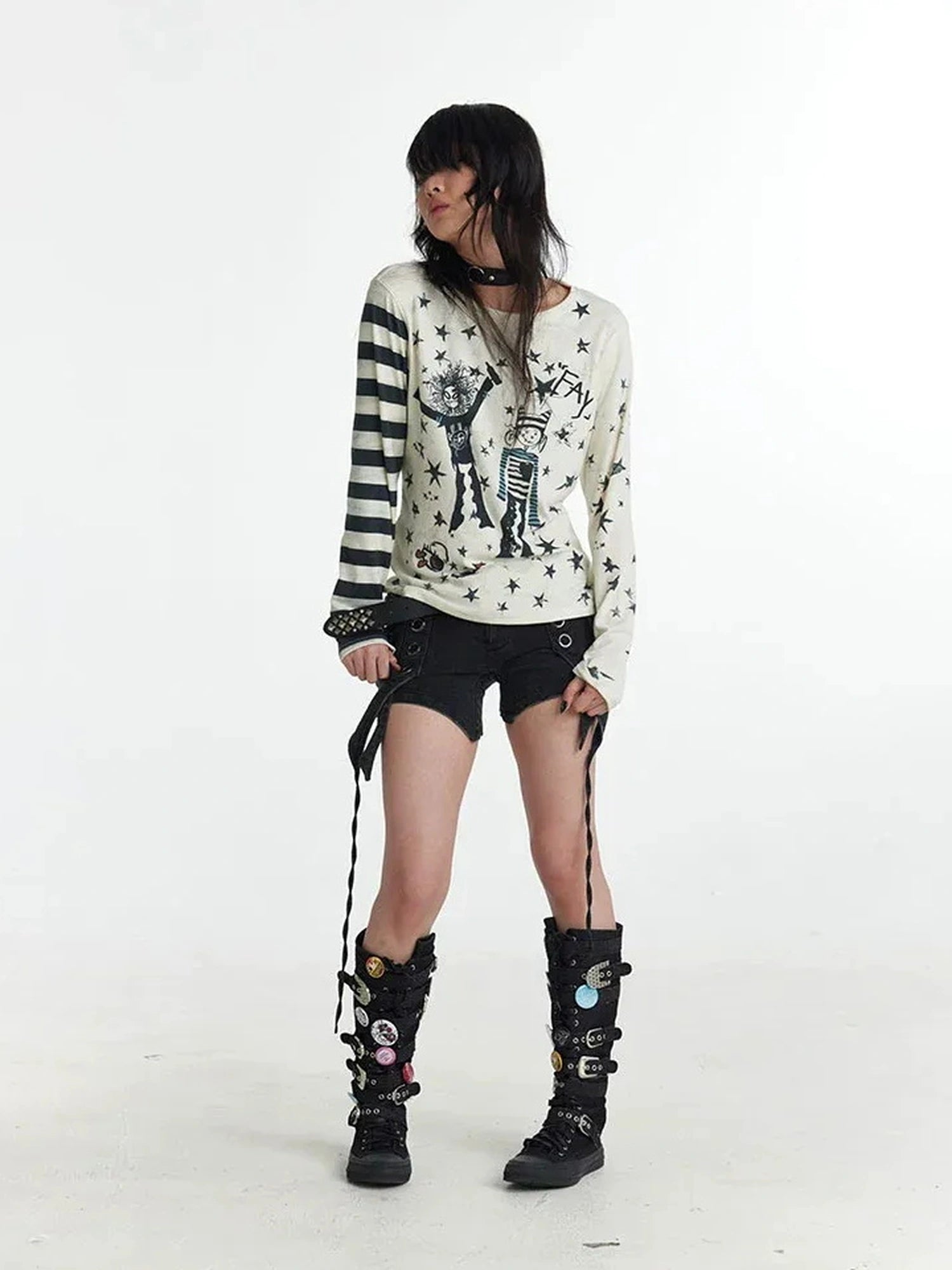 FayChui  Y2 K Star Punk Print Stripe Spliced Long Sleeve Tee