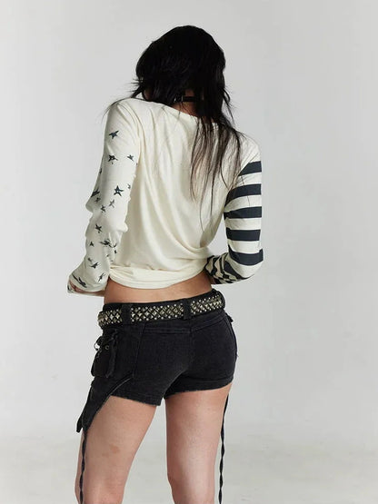 FayChui  Y2 K Star Punk Print Stripe Spliced Long Sleeve Tee