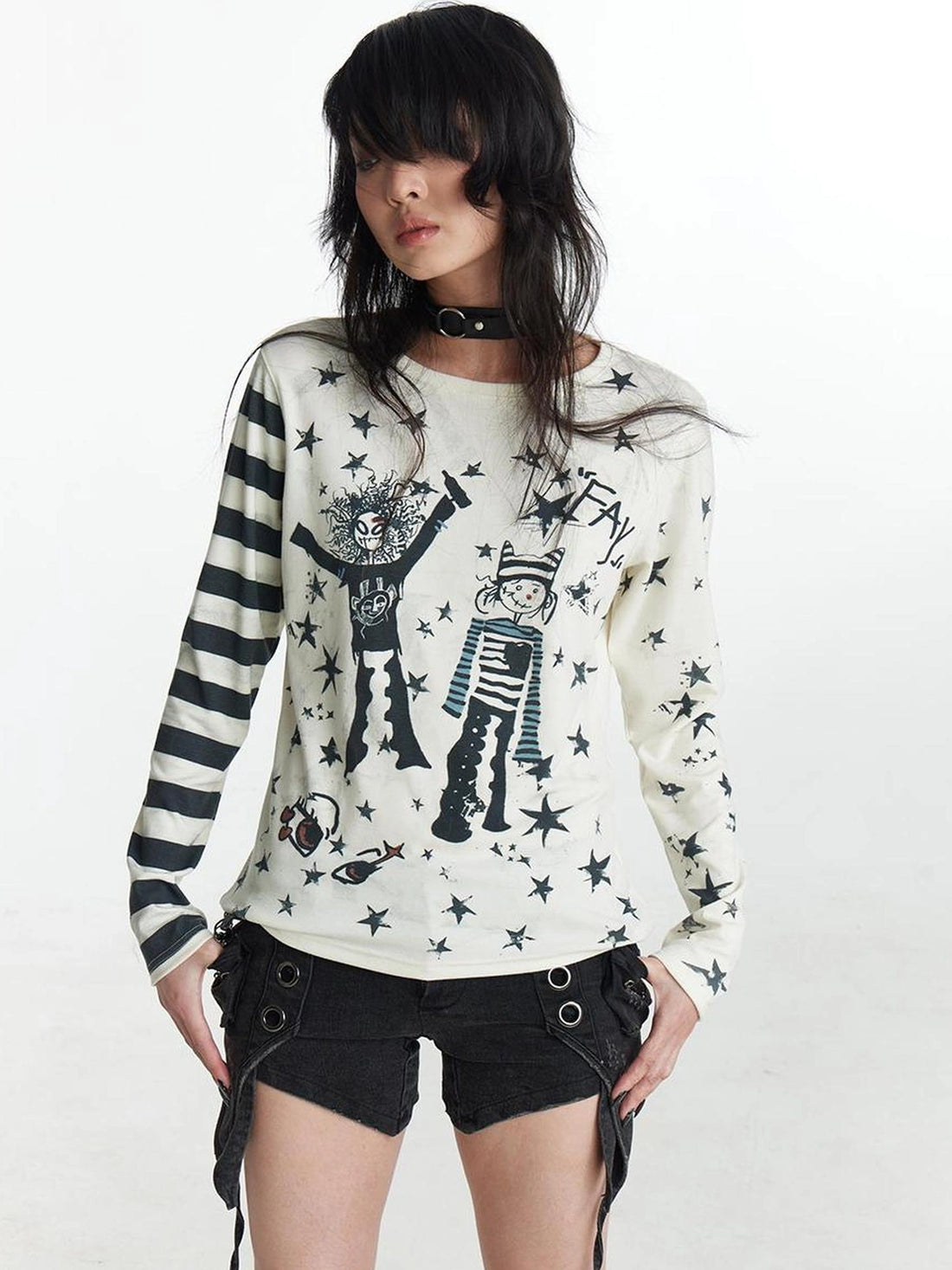 FayChui  Y2 K Star Punk Print Stripe Spliced Long Sleeve Tee