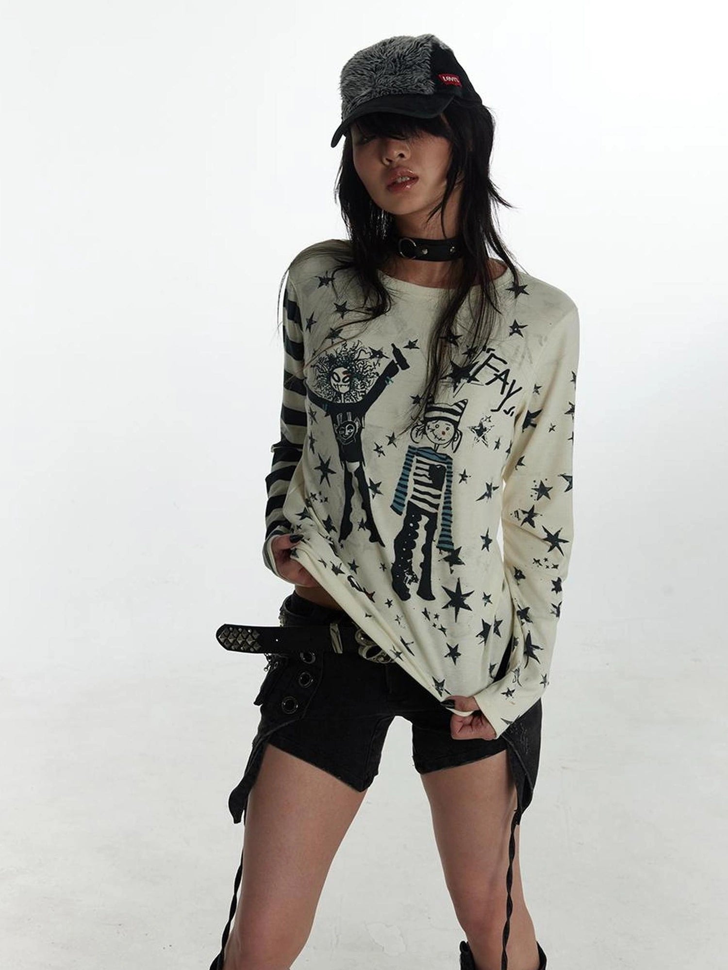 FayChui  Y2 K Star Punk Print Stripe Spliced Long Sleeve Tee
