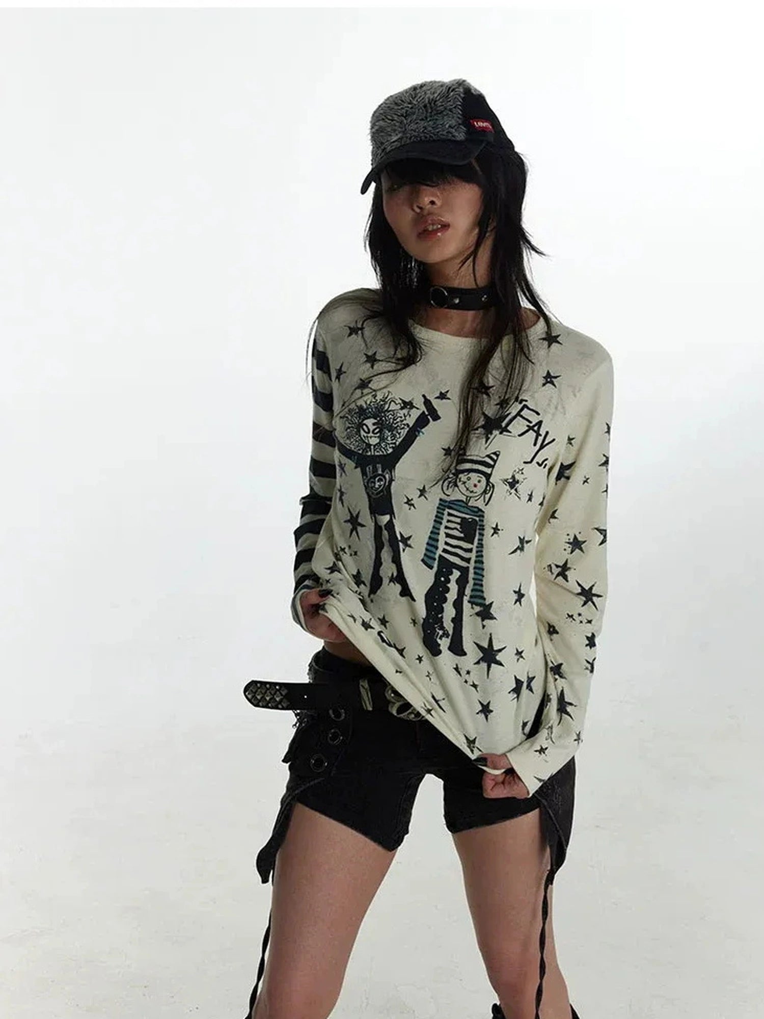 FayChui  Y2 K Star Punk Print Stripe Spliced Long Sleeve Tee