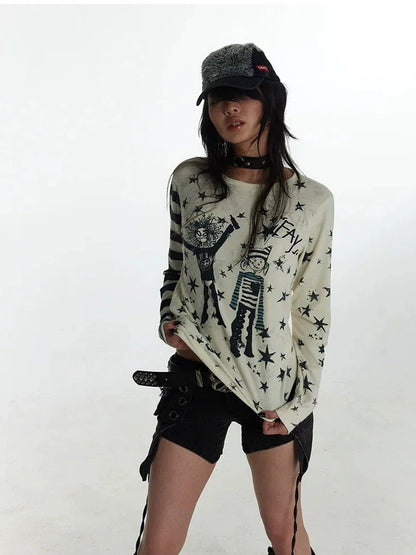FayChui  Y2 K Star Punk Print Stripe Spliced Long Sleeve Tee