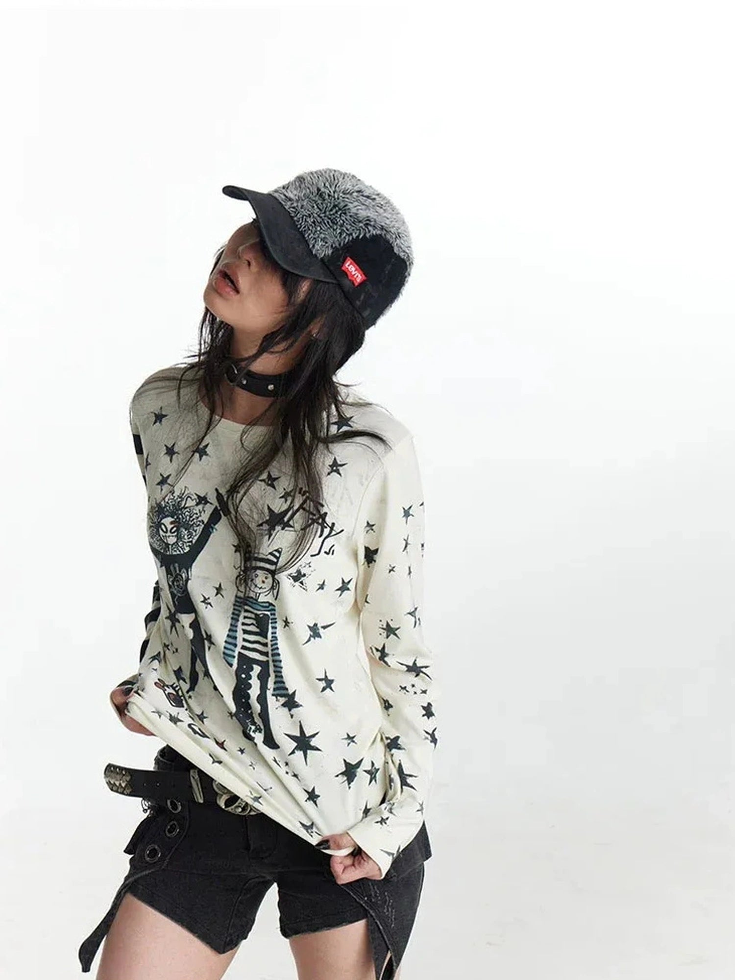 FayChui  Y2 K Star Punk Print Stripe Spliced Long Sleeve Tee