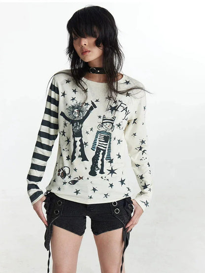 FayChui  Y2 K Star Punk Print Stripe Spliced Long Sleeve Tee