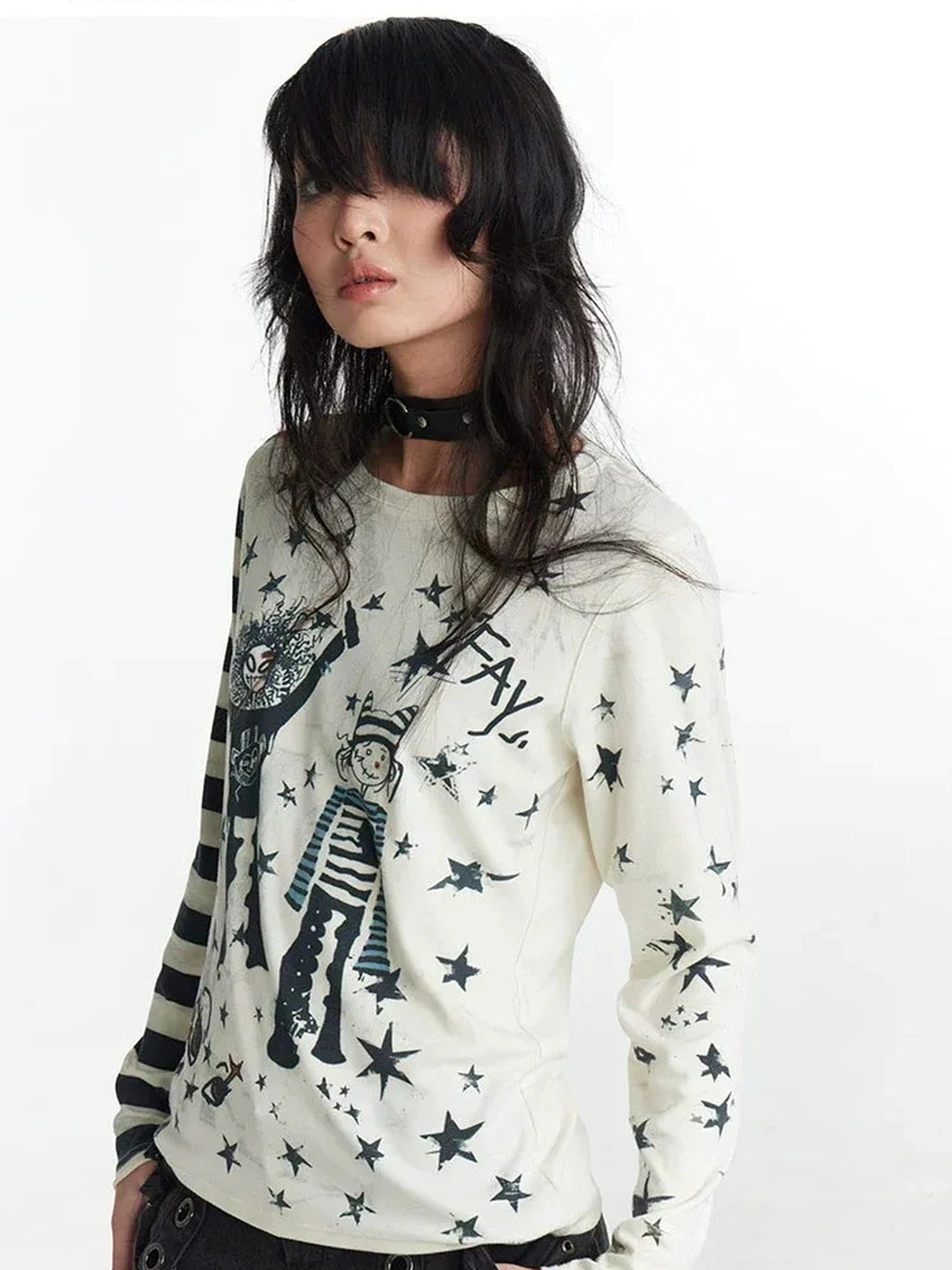 FayChui  Y2 K Star Punk Print Stripe Spliced Long Sleeve Tee