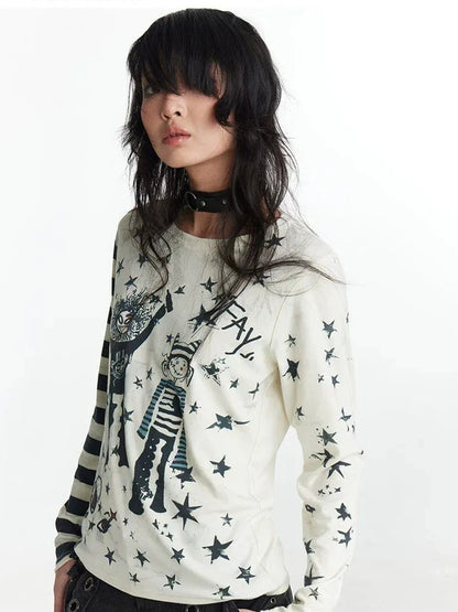 FayChui  Y2 K Star Punk Print Stripe Spliced Long Sleeve Tee
