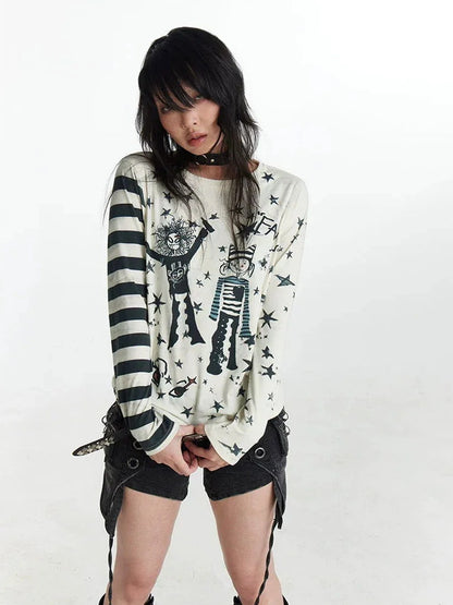 FayChui  Y2 K Star Punk Print Stripe Spliced Long Sleeve Tee