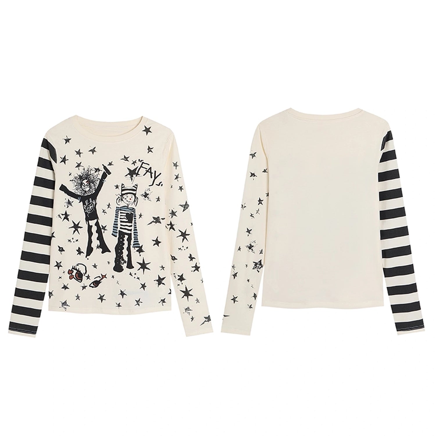 FayChui  Y2 K Star Punk Print Stripe Spliced Long Sleeve Tee