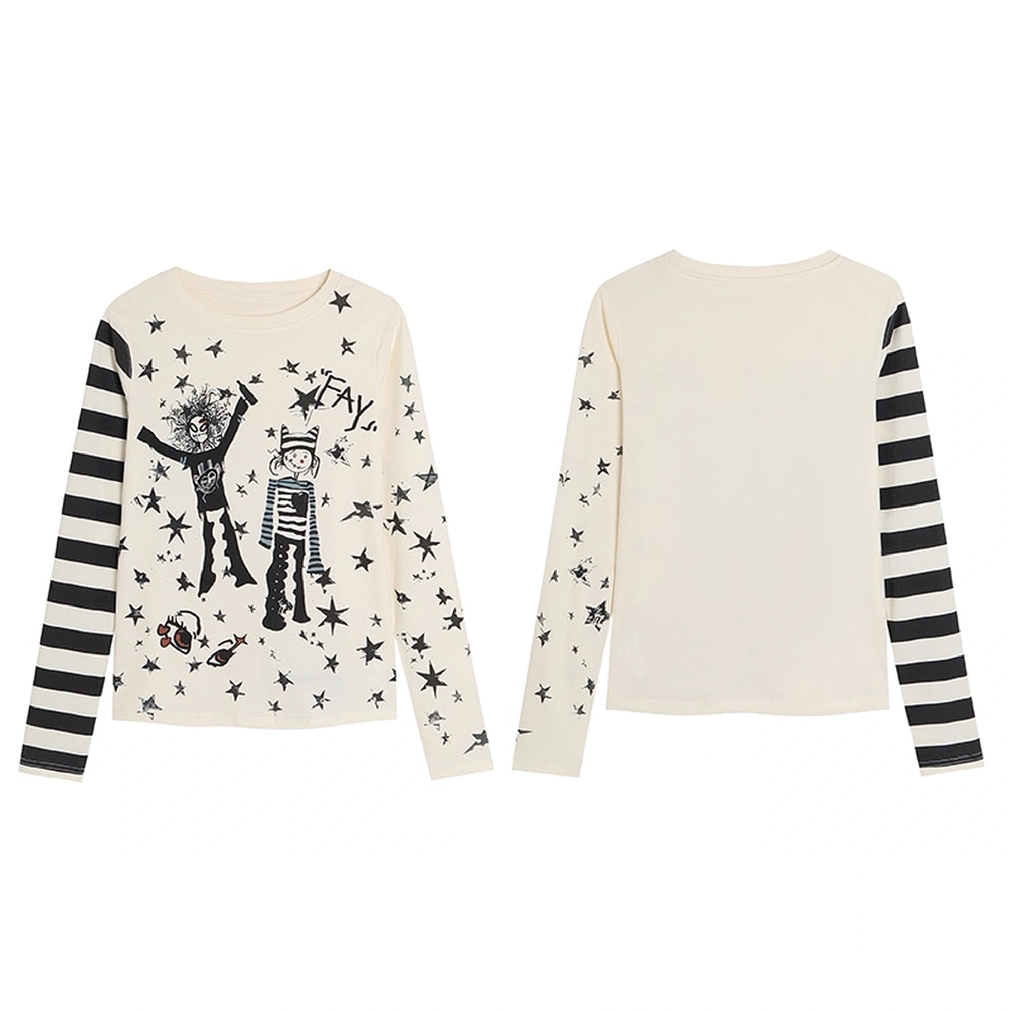 FayChui  Y2 K Star Punk Print Stripe Spliced Long Sleeve Tee