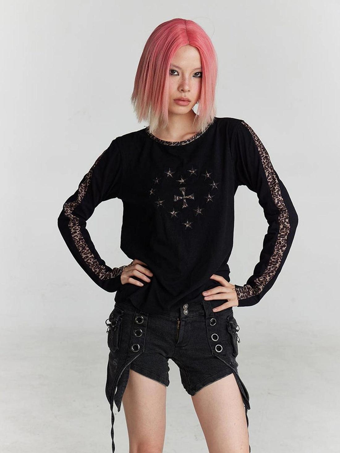 FayChui  Y2k Cross Print Leopard Trim Long Sleeve Tee