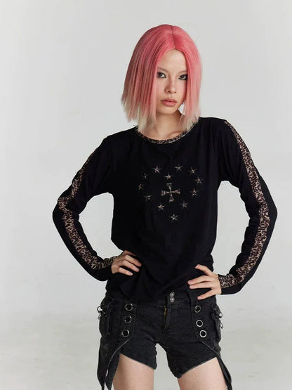 FayChui  Y2k Cross Print Leopard Trim Long Sleeve Tee