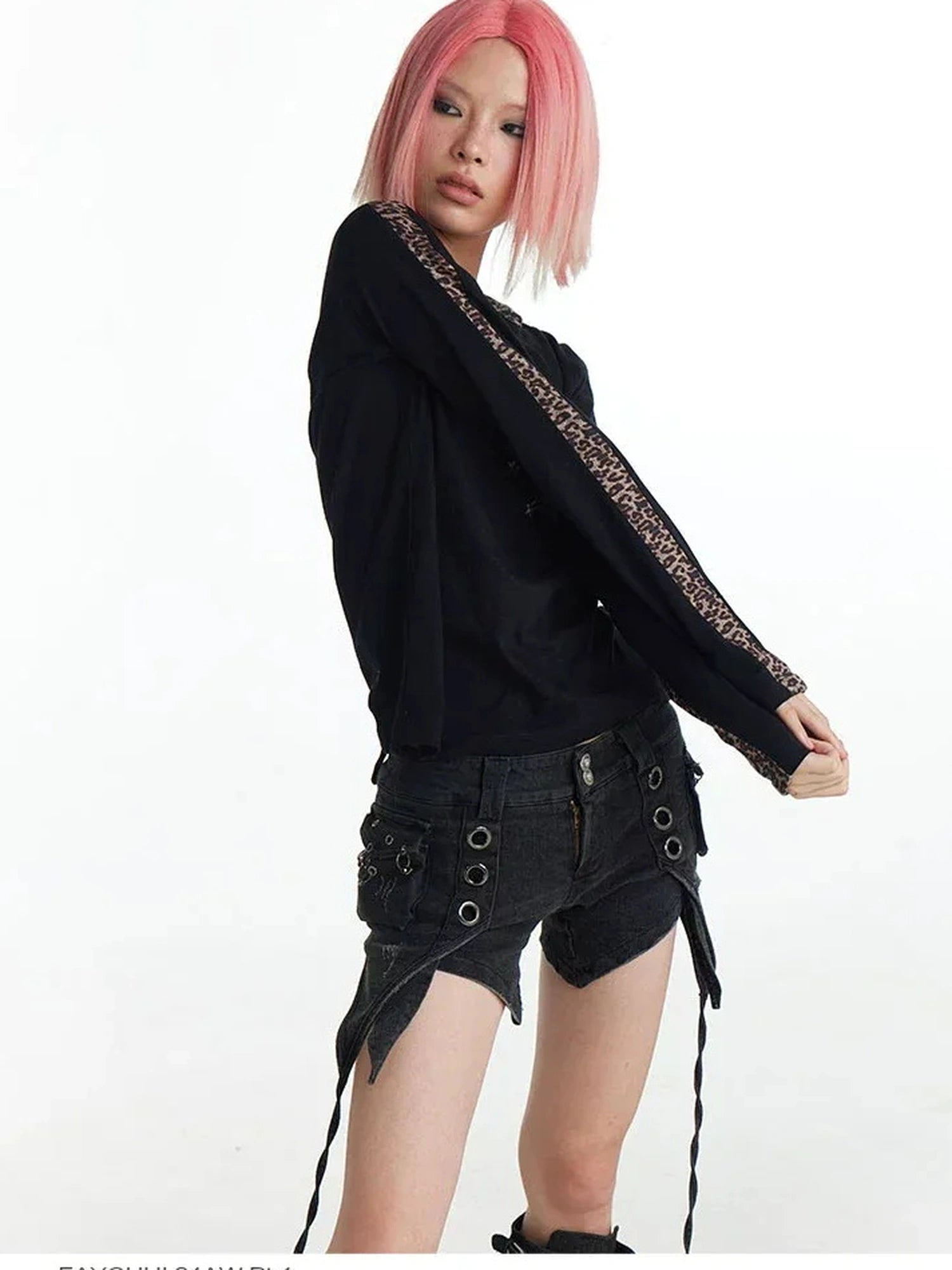FayChui  Y2k Cross Print Leopard Trim Long Sleeve Tee