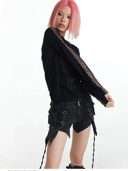 FayChui  Y2k Cross Print Leopard Trim Long Sleeve Tee