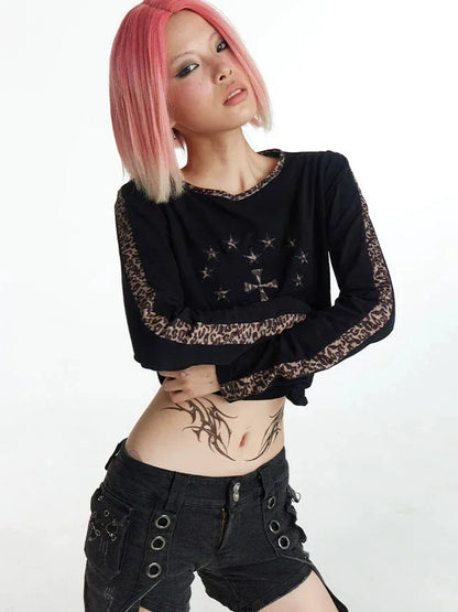 FayChui  Y2k Cross Print Leopard Trim Long Sleeve Tee