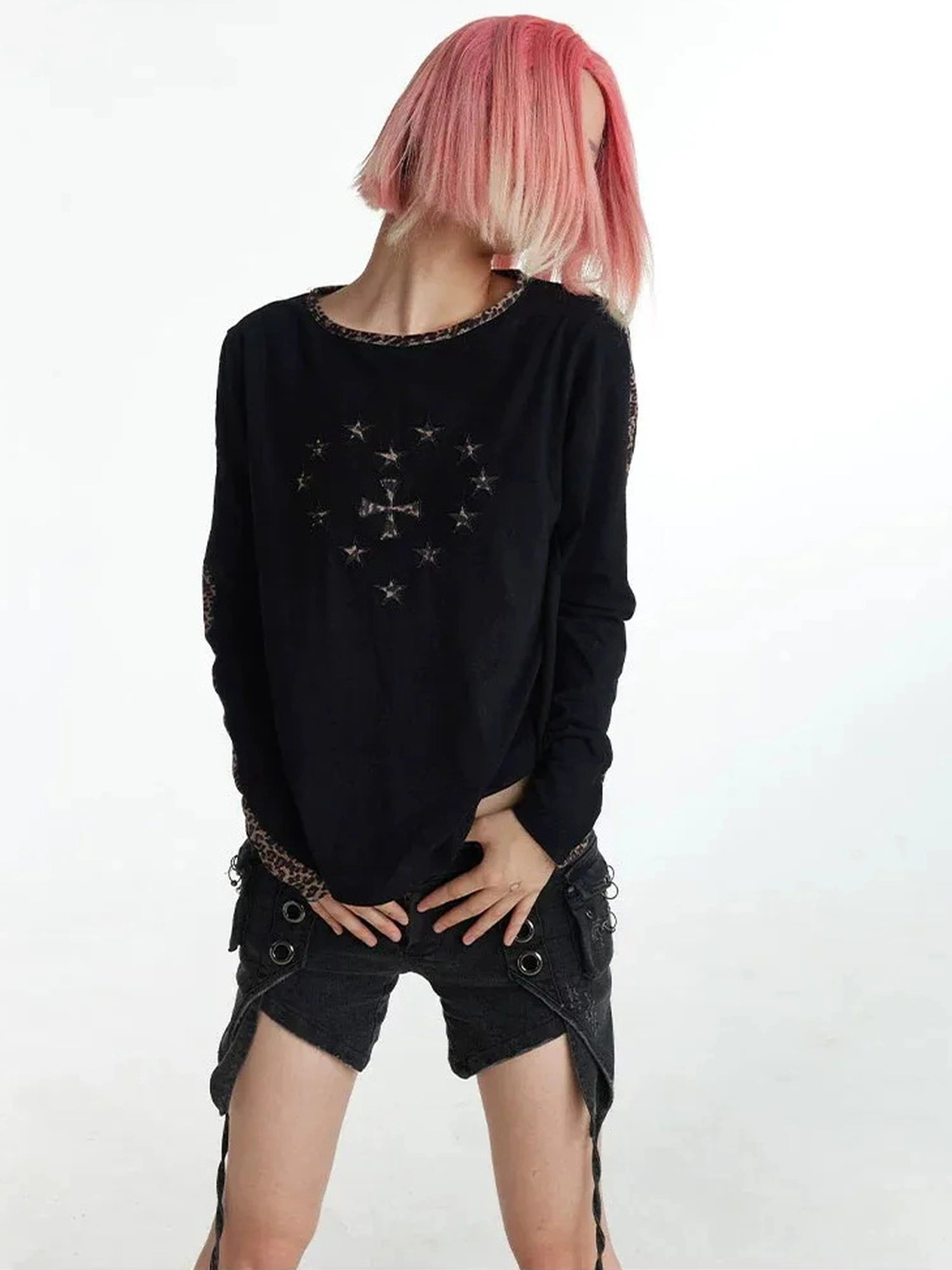 FayChui  Y2k Cross Print Leopard Trim Long Sleeve Tee