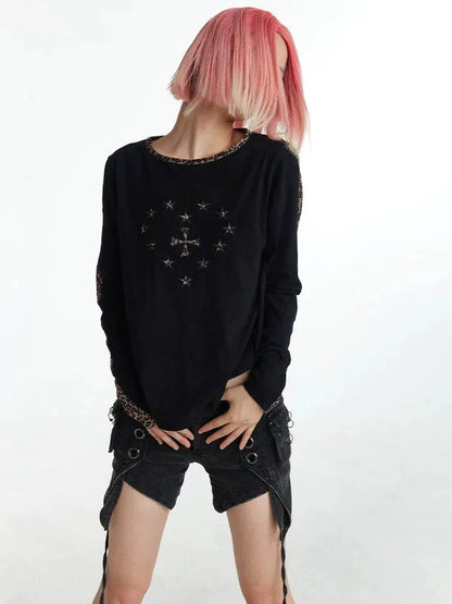 FayChui  Y2k Cross Print Leopard Trim Long Sleeve Tee