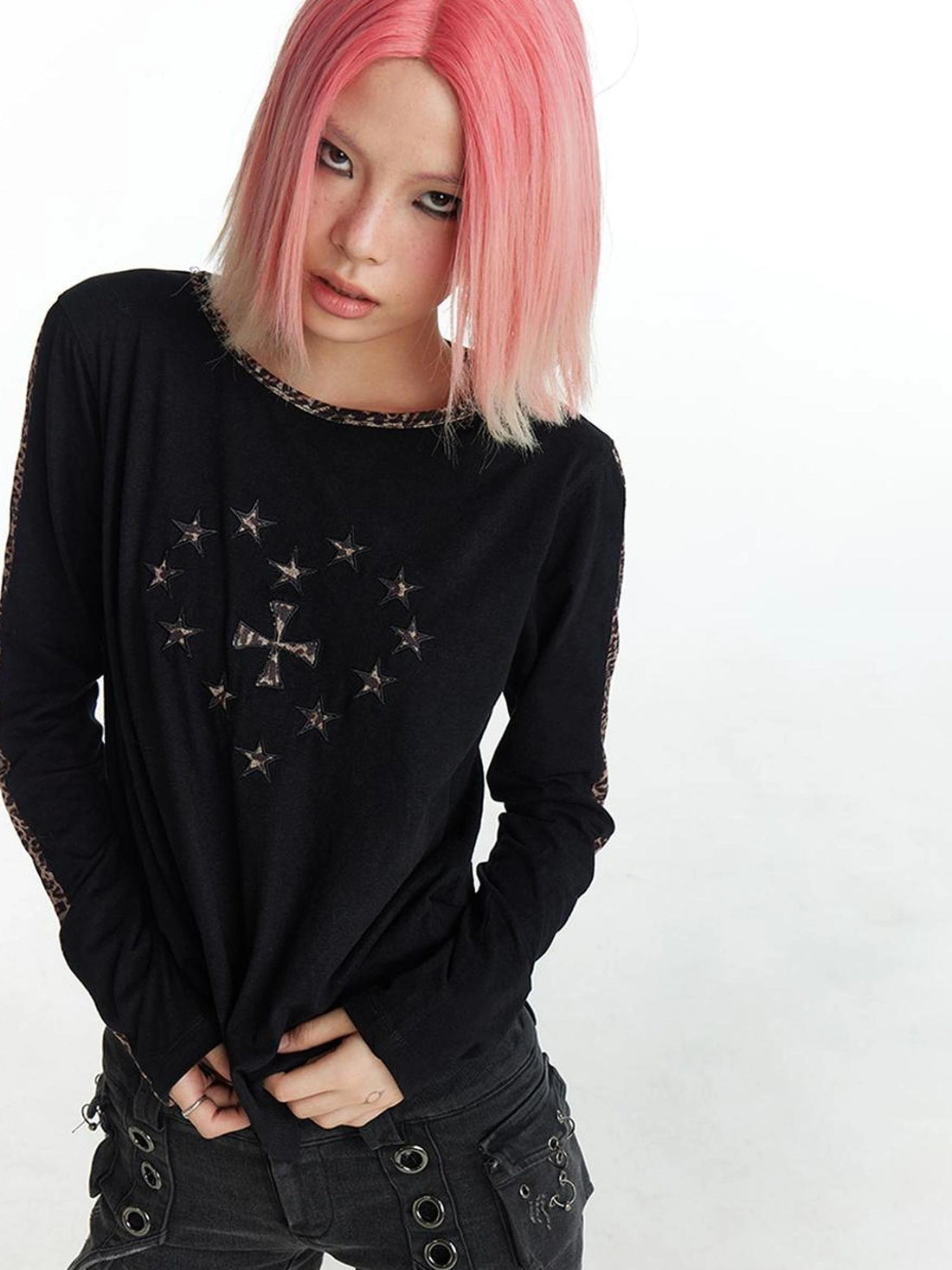 FayChui  Y2k Cross Print Leopard Trim Long Sleeve Tee