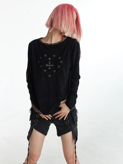 FayChui  Y2k Cross Print Leopard Trim Long Sleeve Tee