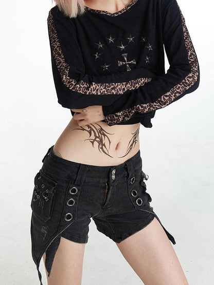 FayChui  Y2k Cross Print Leopard Trim Long Sleeve Tee