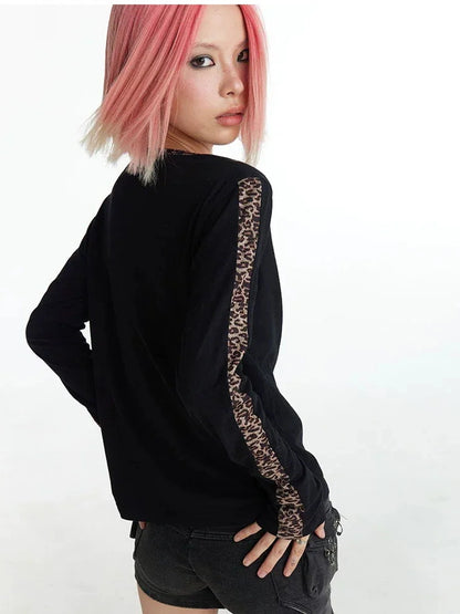 FayChui  Y2k Cross Print Leopard Trim Long Sleeve Tee
