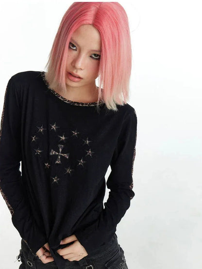 FayChui  Y2k Cross Print Leopard Trim Long Sleeve Tee