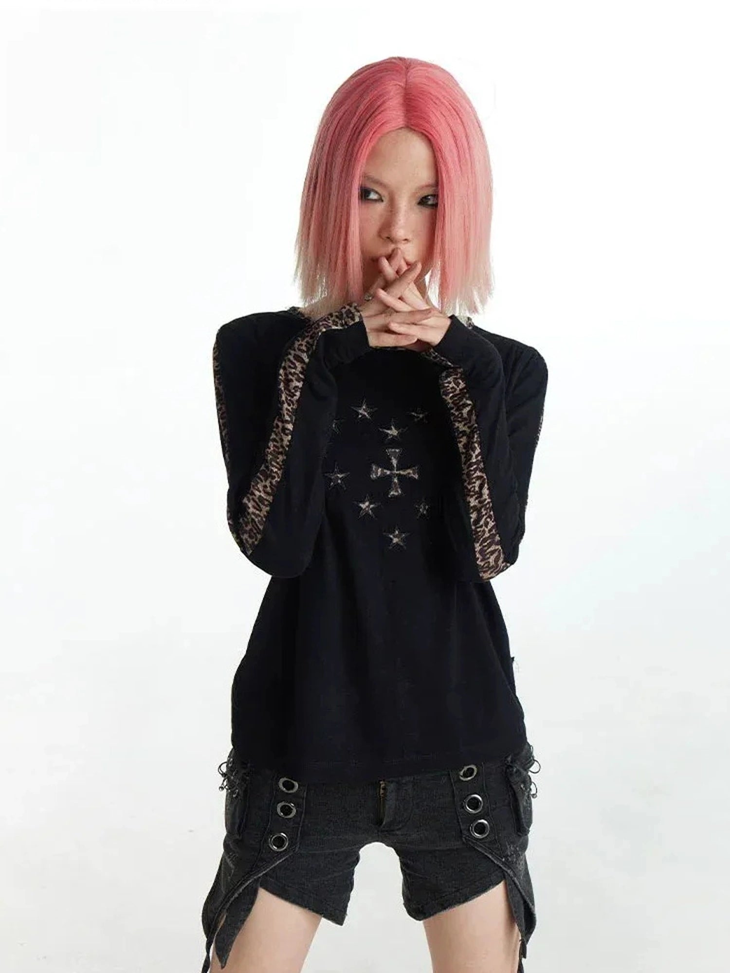 FayChui  Y2k Cross Print Leopard Trim Long Sleeve Tee