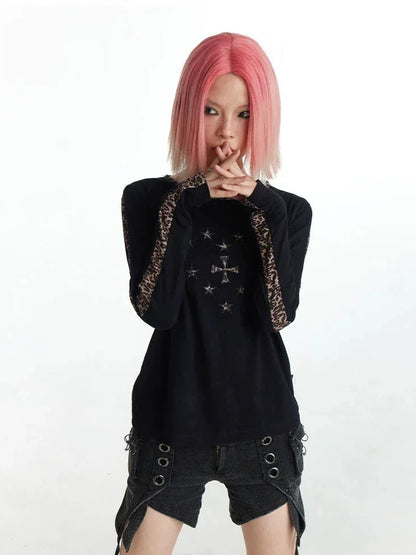 FayChui  Y2k Cross Print Leopard Trim Long Sleeve Tee