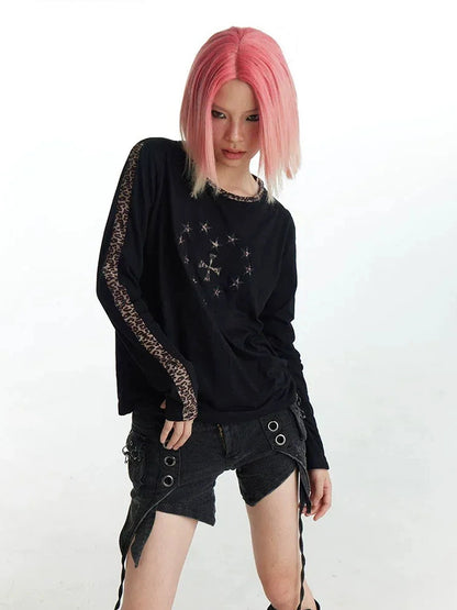 FayChui  Y2k Cross Print Leopard Trim Long Sleeve Tee